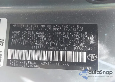 2010 Toyota Camry Le z USA, uszkodzony, nr VIN 4T4BF3EKXAR075058